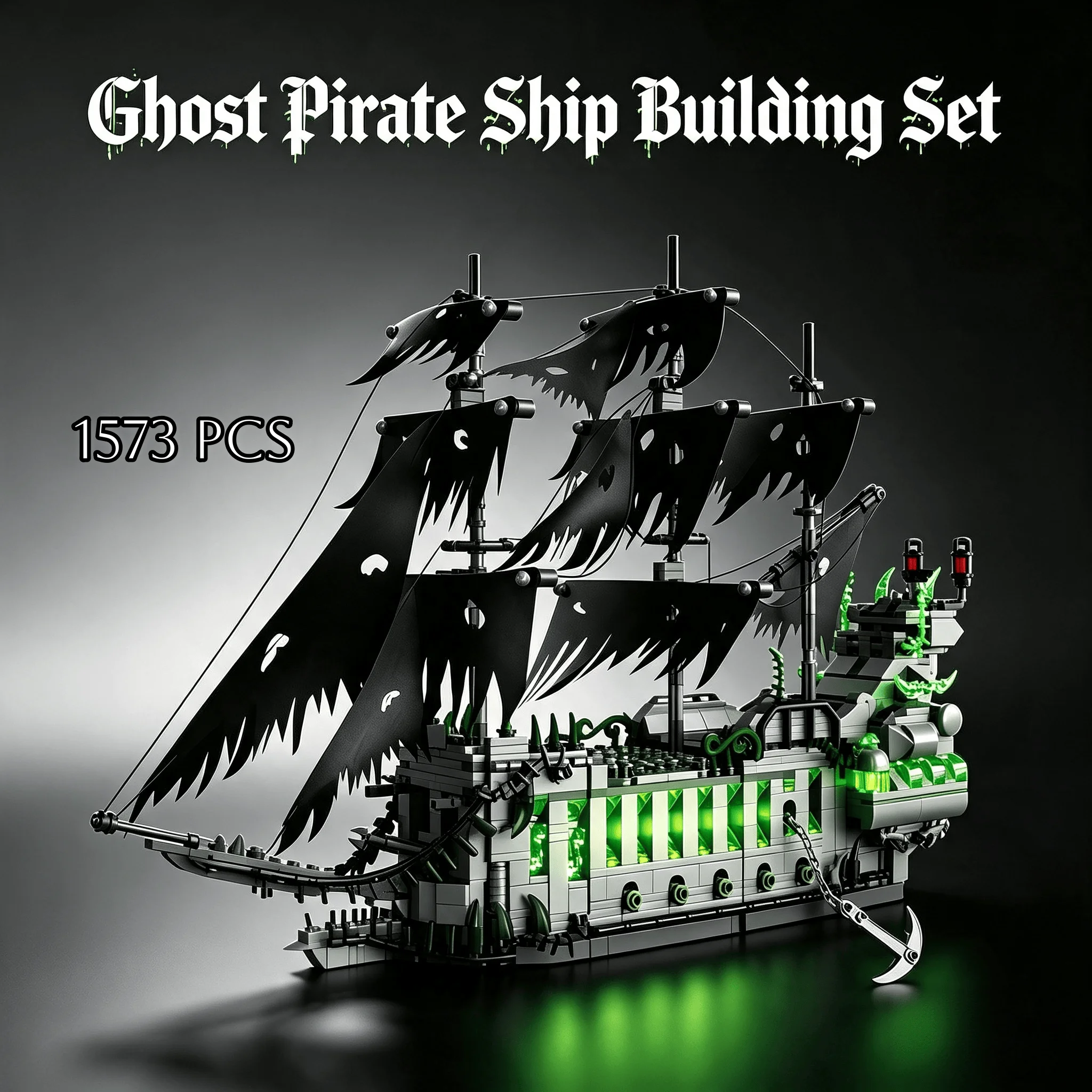 Ghost Pirate Ship Model Building Kit 1573 PCS Phantom Sailboat with Broken Black Sails Pirate Theme Bricks Set Collectible Toy