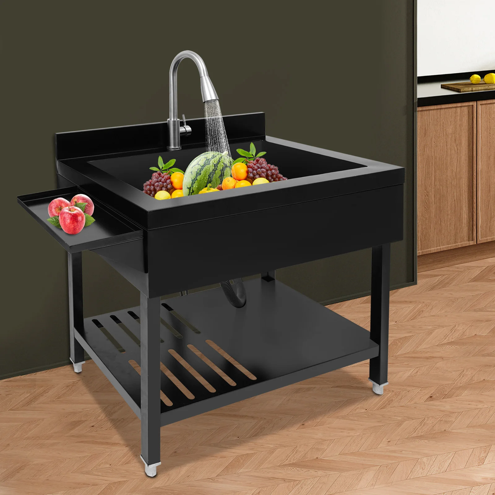 

Single Bowl Kitchen Sink 150kg Capacity Stainless Steel Sink Adjustable Leveling Feet Kitchen Sink with Pull-Out Faucet