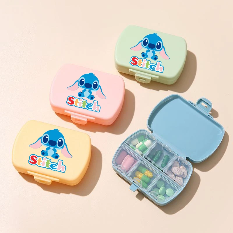 Kawaii Stitch Cartoon Portable Colorful 6Grids Slots Medicine Box Health Care Container Case Pill Box Splitters Travel Pill Box