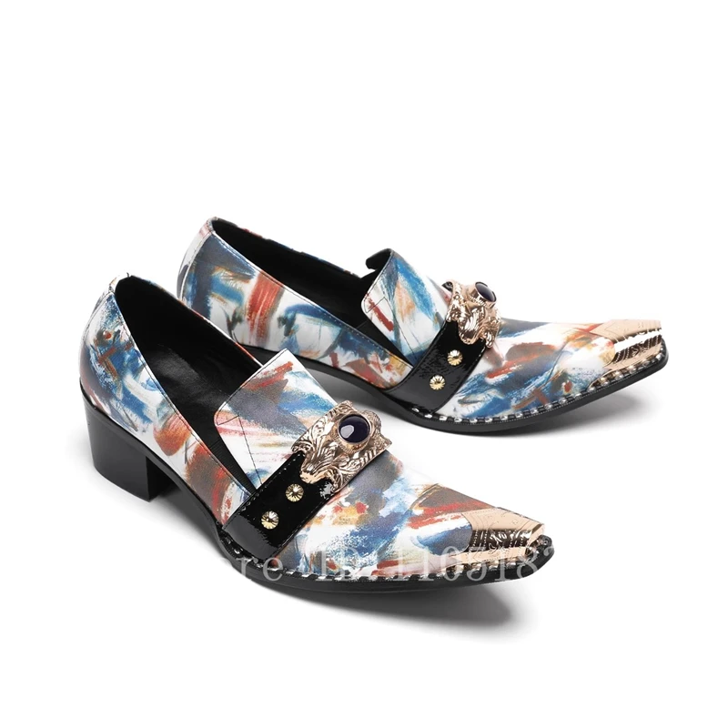 Fashion Handmade Men Party Shoes Colorful Print Genuine Leather Formal Shoes Men Rivets Metal Toe Dress Shoes