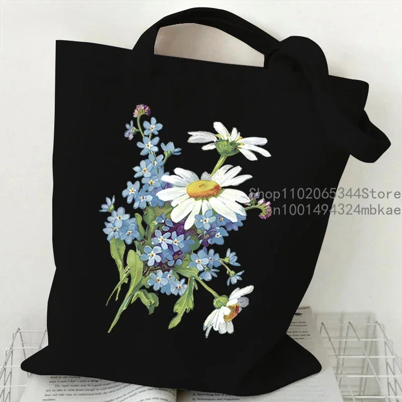 Fashion Canvas Tote Bag Oil Painting Wildflowers Print Lady Shoulder Shopping Bag Plant Style Daisy Vintage Flower Women Handbag