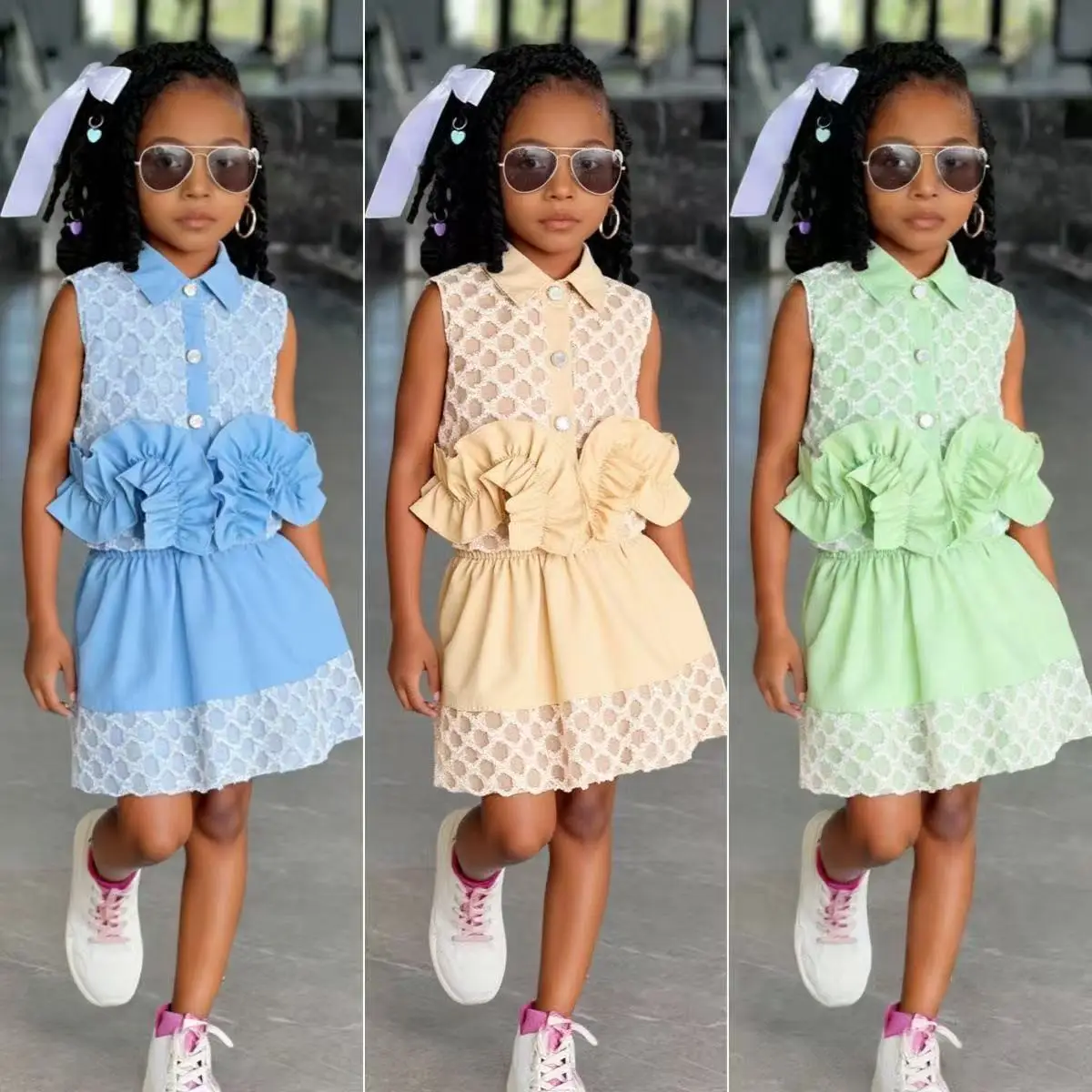 

Новый комплект для девочек 2026 года: модный топ без рукавов и юбка с кружевной отделкой в европейско-американском стиле для детей 2-7 лет