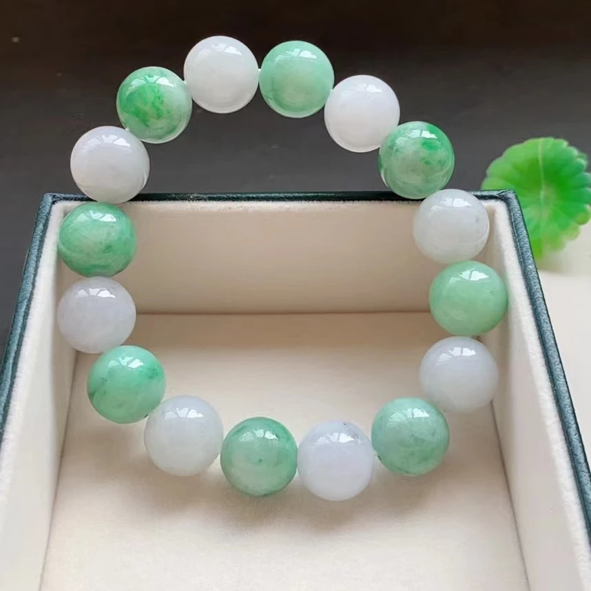 Natural Green Jade A Women Men Bracelet Gemstone Jewelry 13.5mm Jade A Gemstone Round Bead Bracelet AAAAAA