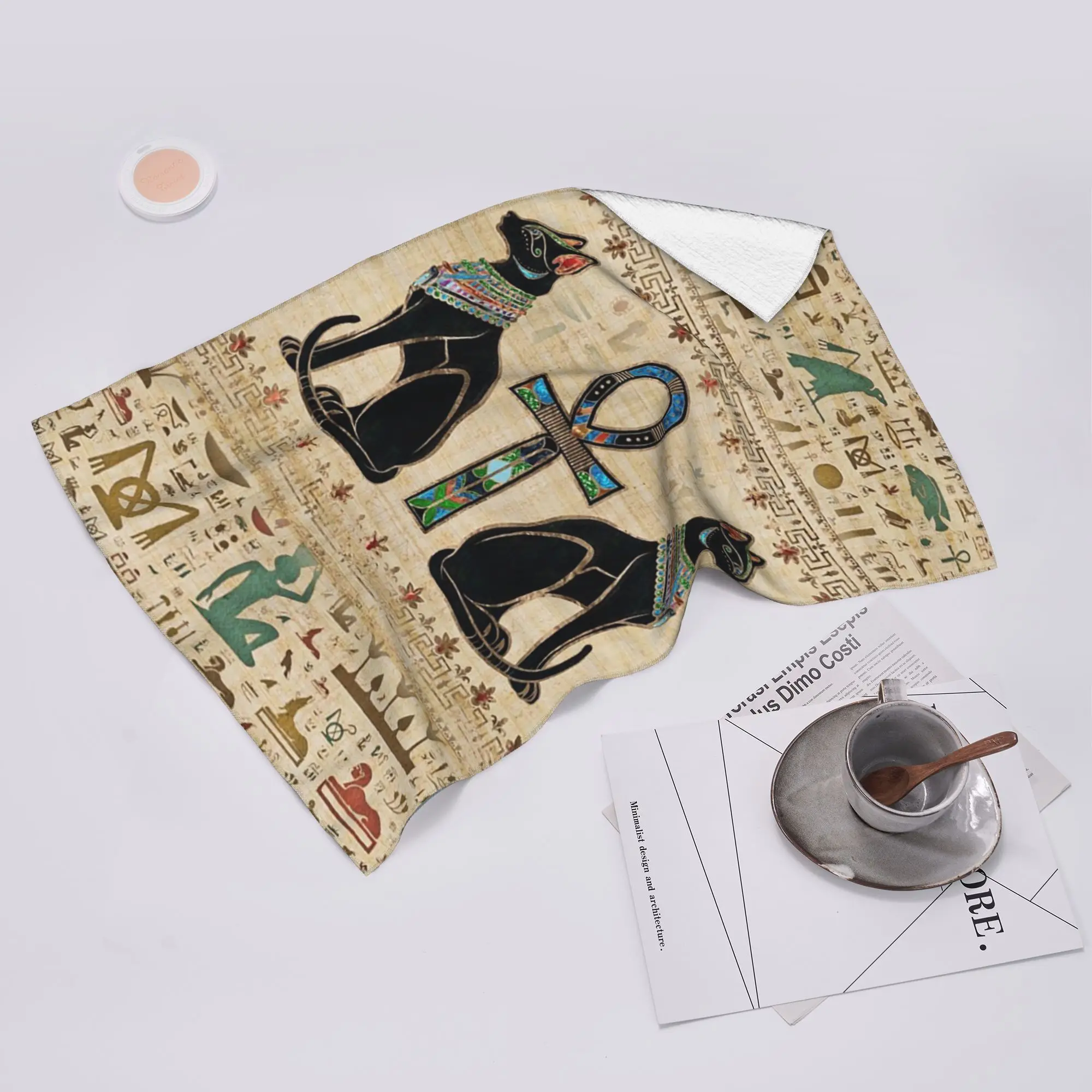Custom Egyptian Cats and ankh cross Soft Face Towel Quick Dry Pool Bath Cotton Towels Absorbent