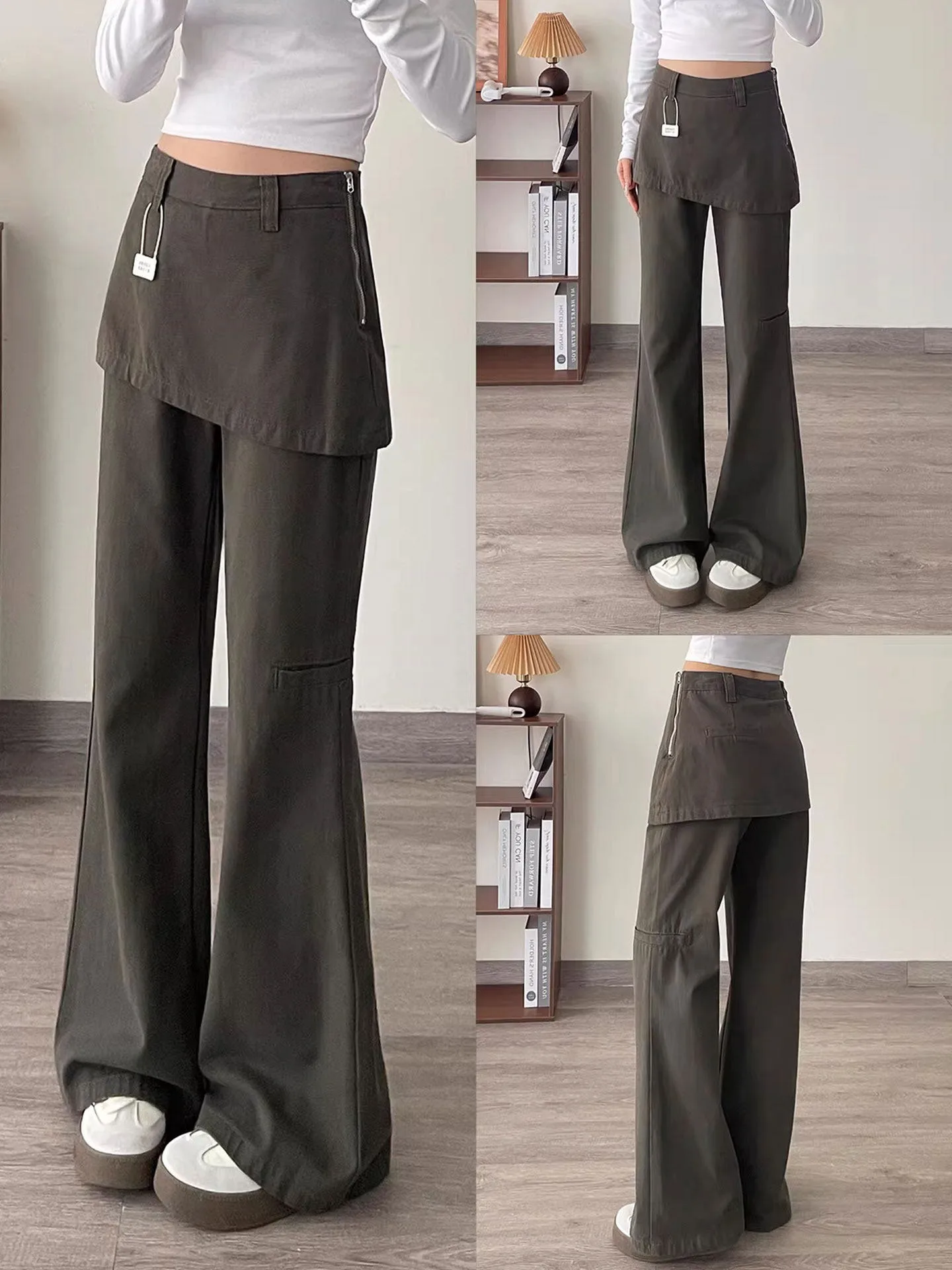 

plus Size Women's American Retro Splicing Fake Two-Piece Bell Bot Jeans Dra Denim Straight Leg Pants Slimming Effect