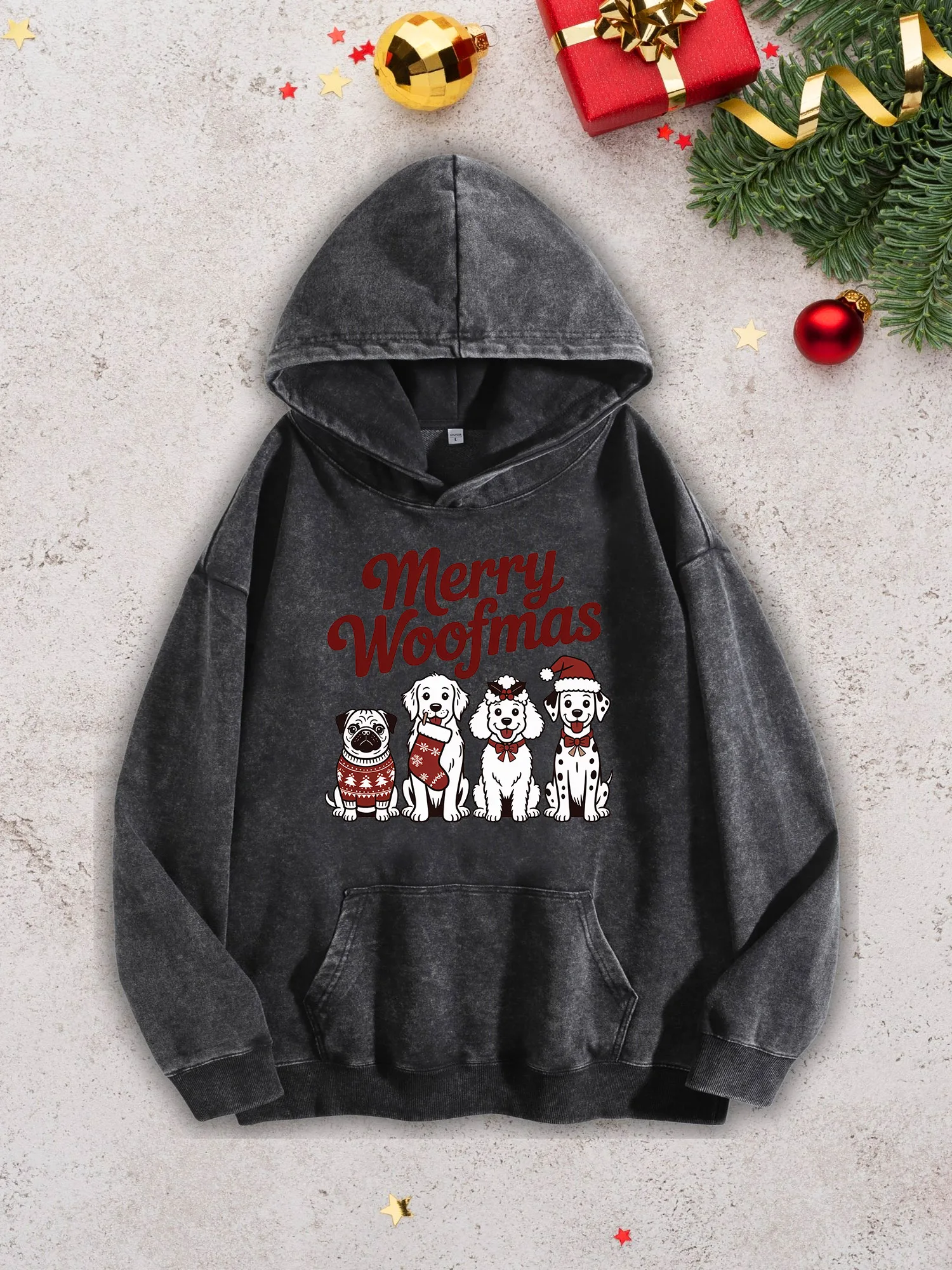 

Funny Merry Woofmas Men's Heavyweight Hoodie - Acid Wash Retro Black Pullover, Fall & Winter Sweatshirt 400Gsm