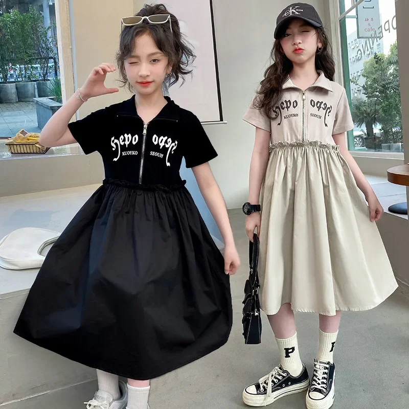 Korean Summer Teenager Girl Dress Children Girl Letter Lapel Half Zip Dress Patchwork One-piece Dress School Girl Casual Dress