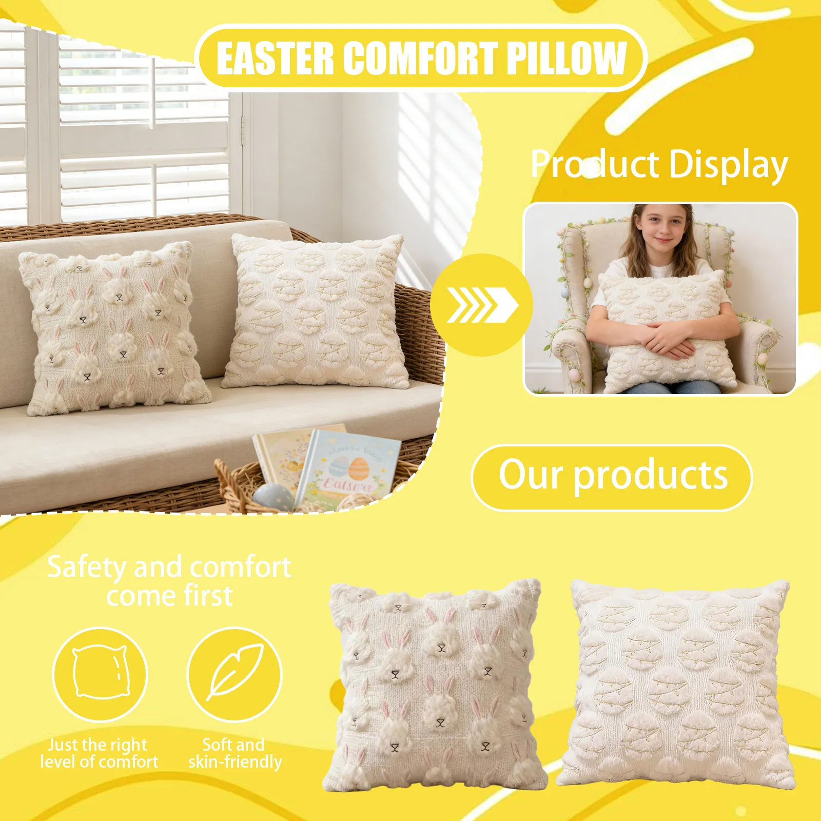 

Наволочка для подушки с вышивкой в виде пасхального яйца и кролика, мягкая и удобная, для изголовья кровати, декор для дивана (подушка в комплект не входит)