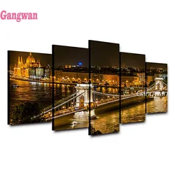 diamond painting Modular Vintage Night View Pictures 5 Panel Hungary City Home Decor mosaic Paintings with embroidery Bridge art