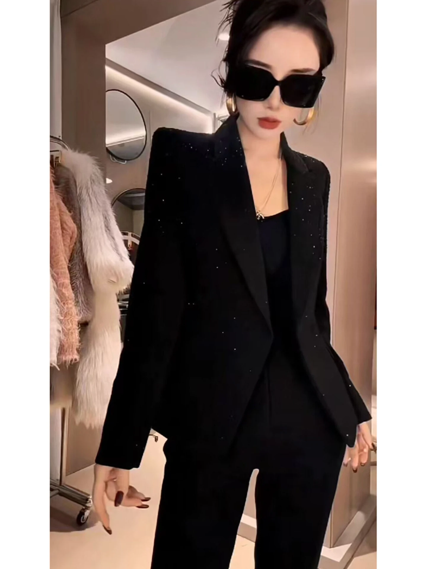 Elegant Black Suit Jacket Women's Fashion Flashing Light Luxury Slimming Spring New Style Commute Standard Fit Full 