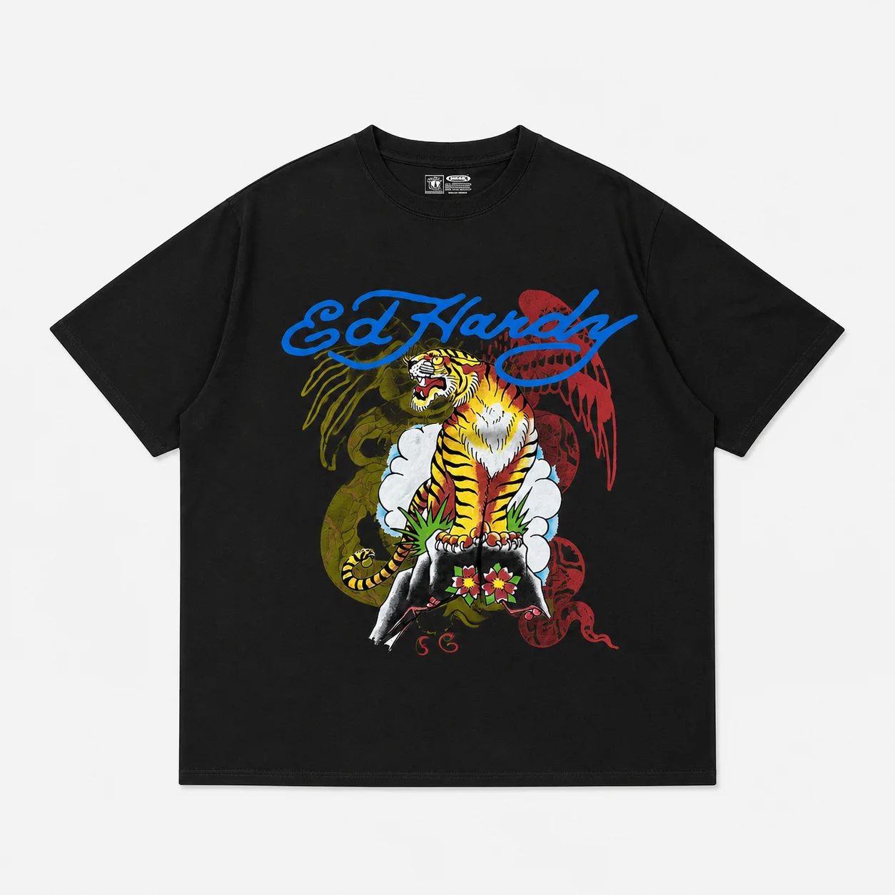 Ed Hardy Roaring Tiger on Rock Cloud Dragon Flame Print T Shirt Unisex Loose Oversized Harajuku Streetwear Cotton Summer Graphic