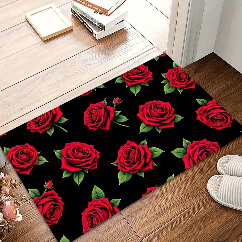 Red Rose Floral Doormat Black Flower Floor Mat Living Room Bedroom Entrance Welcome Mat Home Decor Rug
