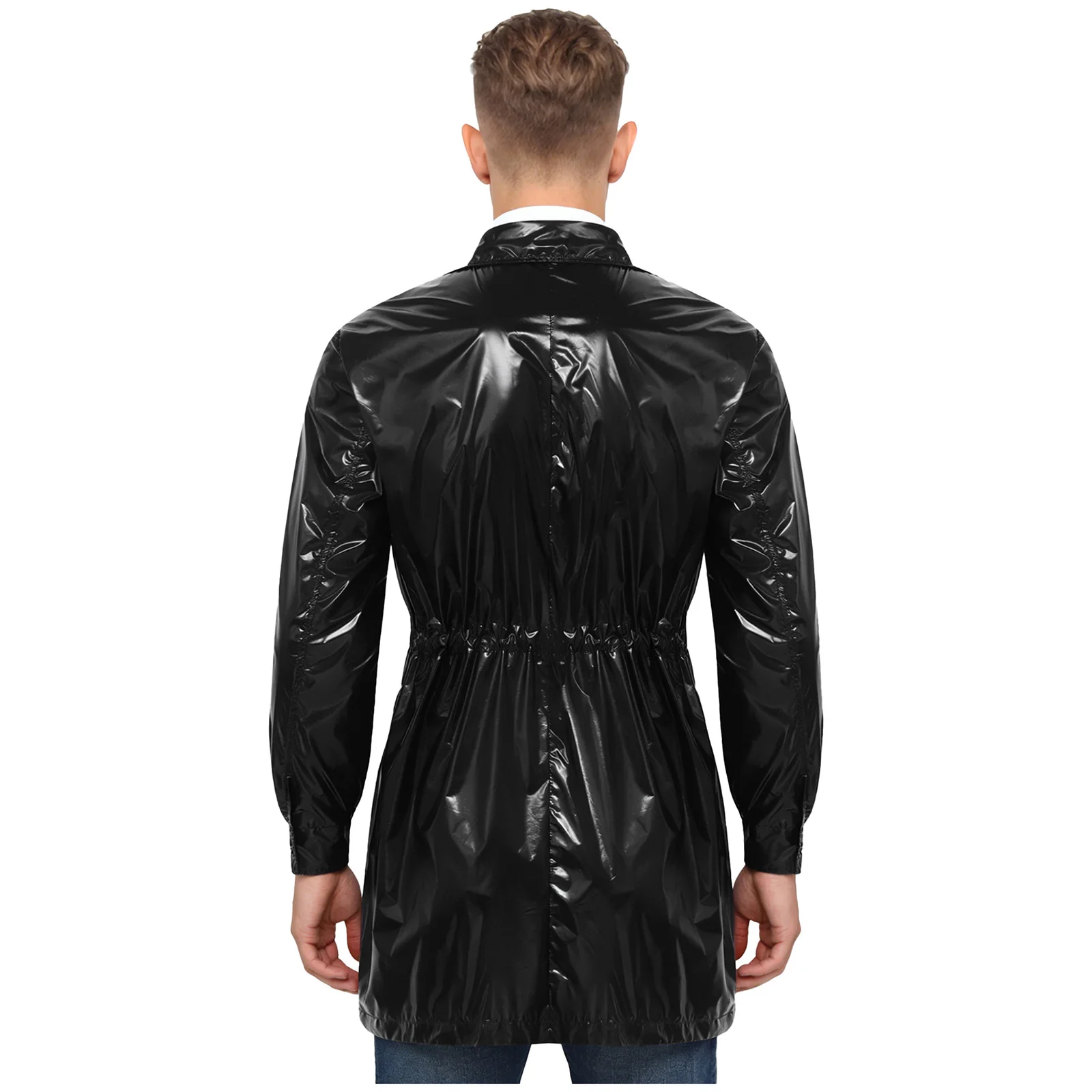 

Mens Wet Look Waterproof Rain Jacket Lapel Long Sleeve Adjustable Waist Front Zip-up Long Coat with Pockets for Work Cosplay