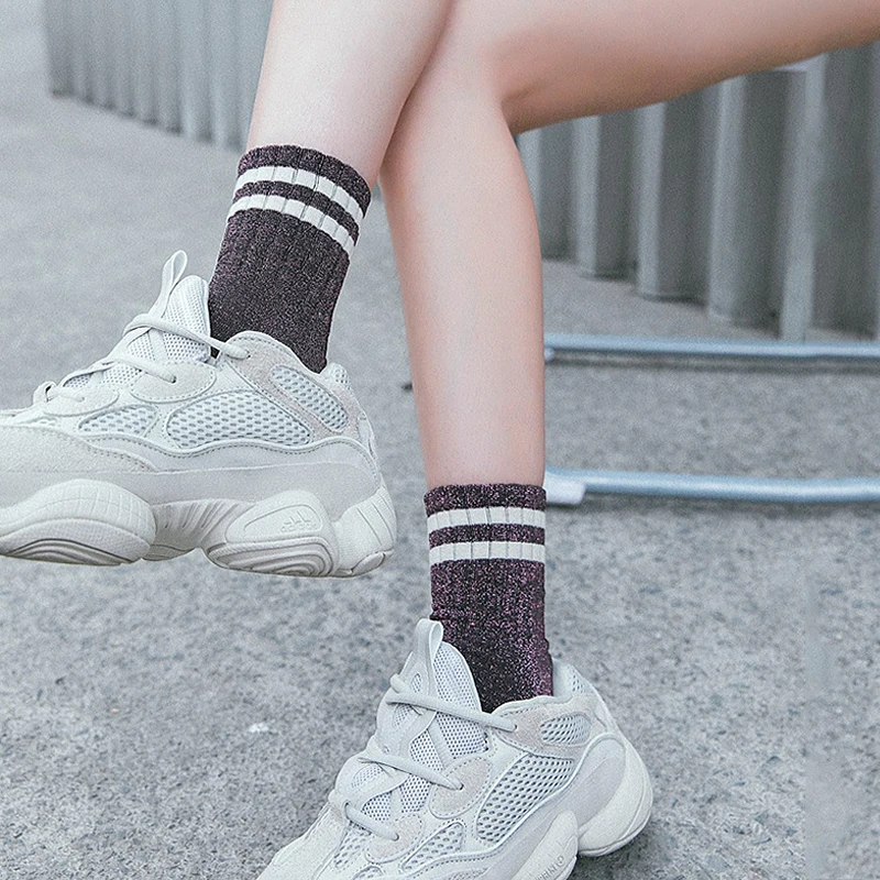 Fashion Striped Glitter Socks For Women Harajuku Shiny Socks Trendy Streetwear Filigree Cotton Loose Socks Cute Female Lingerie