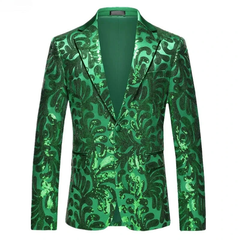 

Men's Green Long-sleeved Suit Jacket, Silver Sequined Asian Size Slim-fit Formal Coat, Red, Gold, Black, Blue Blazers.