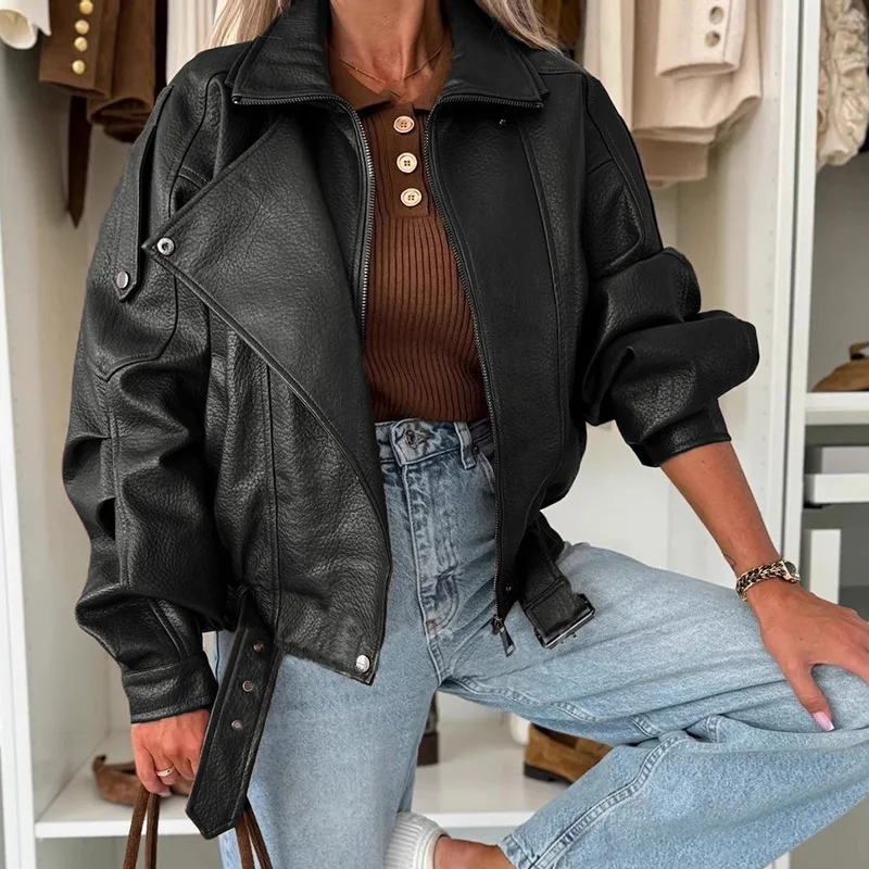 Abrigo de PU con cremallera de solapa para mujer, ropa de abrigo ajustada elegante para motocicleta, chaqueta de manga larga de cuero para Otoño e Invierno