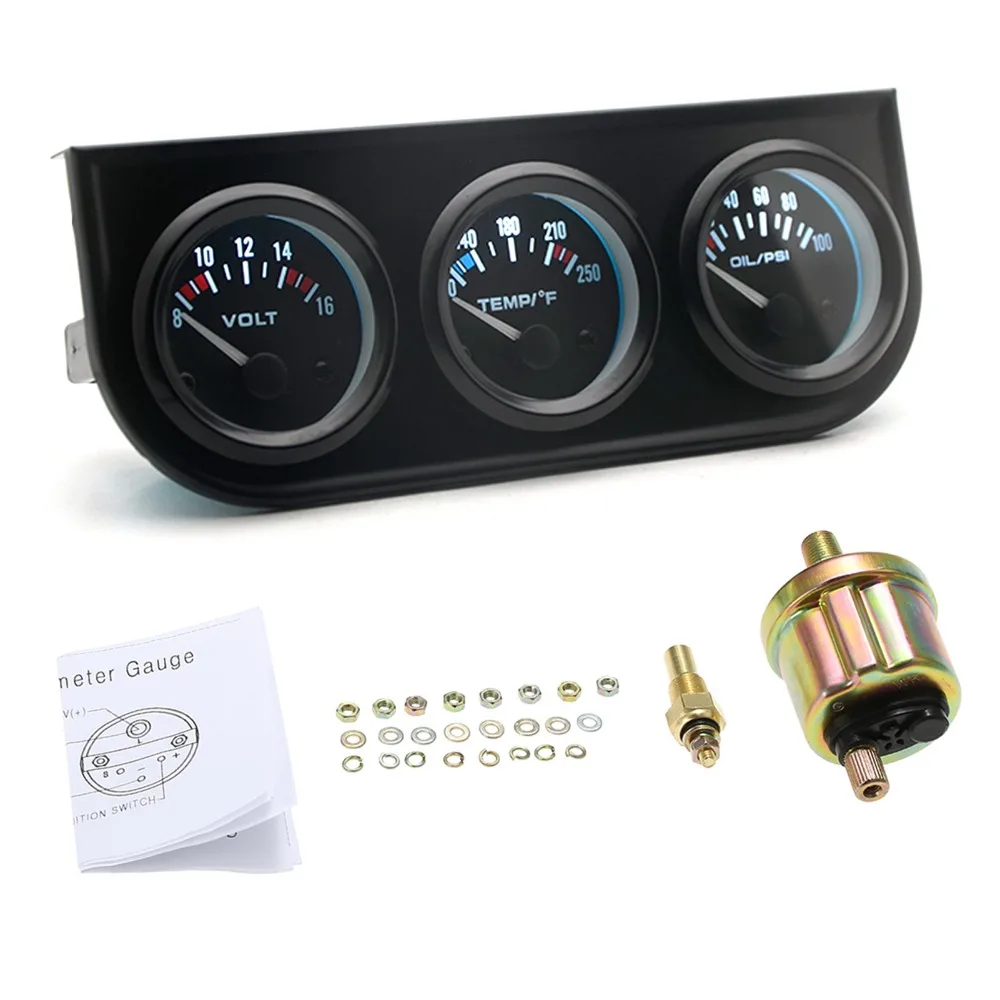 Easy Installation 2 Inch Triple Gauge Set Black 3 in 1 Car Gauge Cluster Car Meter Kit Vehicle Monitoring