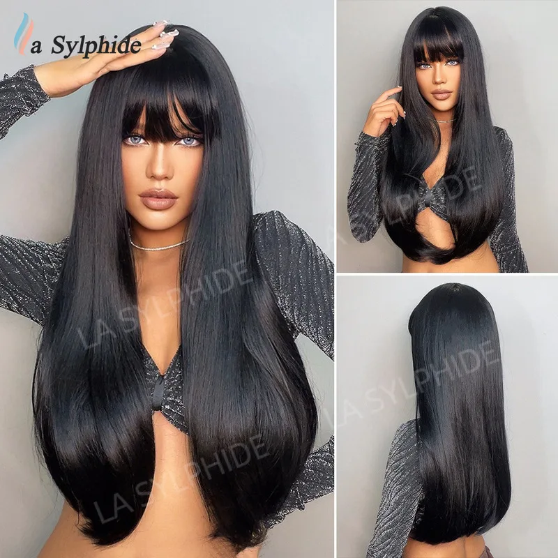 Black long straight wig for women, black with bangs, domestic kawaii smooth natural long straight hair