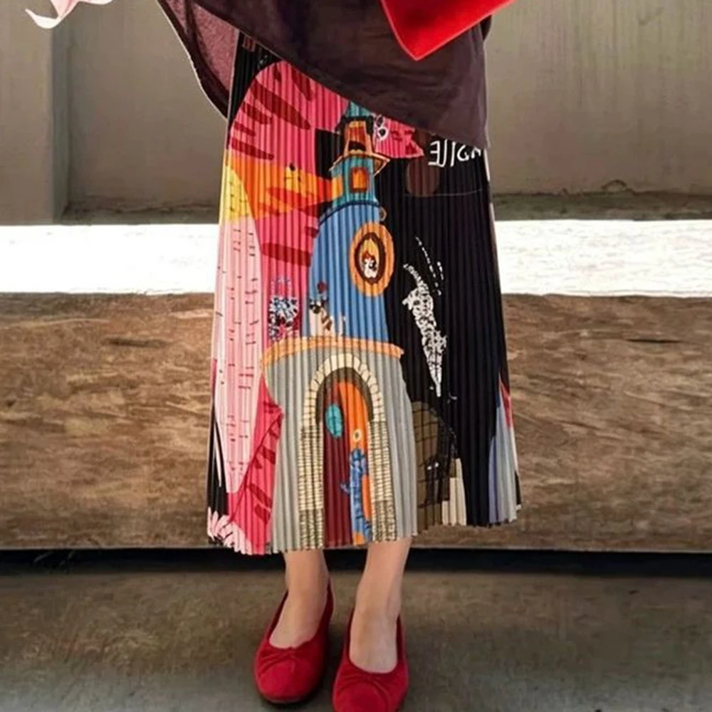 Fun cartoon print pleated skirt female summer cat graffiti small drape thin medium dress  pleated skirt Regular Fit