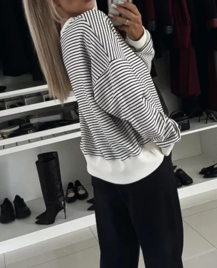 Women's fashionable casual sports pullover 2024 autumn and winter new striped long sleeved round neck loose pullover