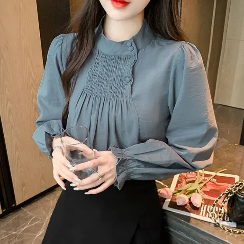 Standing Collar Pleated Long Sleeved Blouse Women Autumn Clothing Button Pullovers 2024 Autumn New Item Elegant All-match Tops
