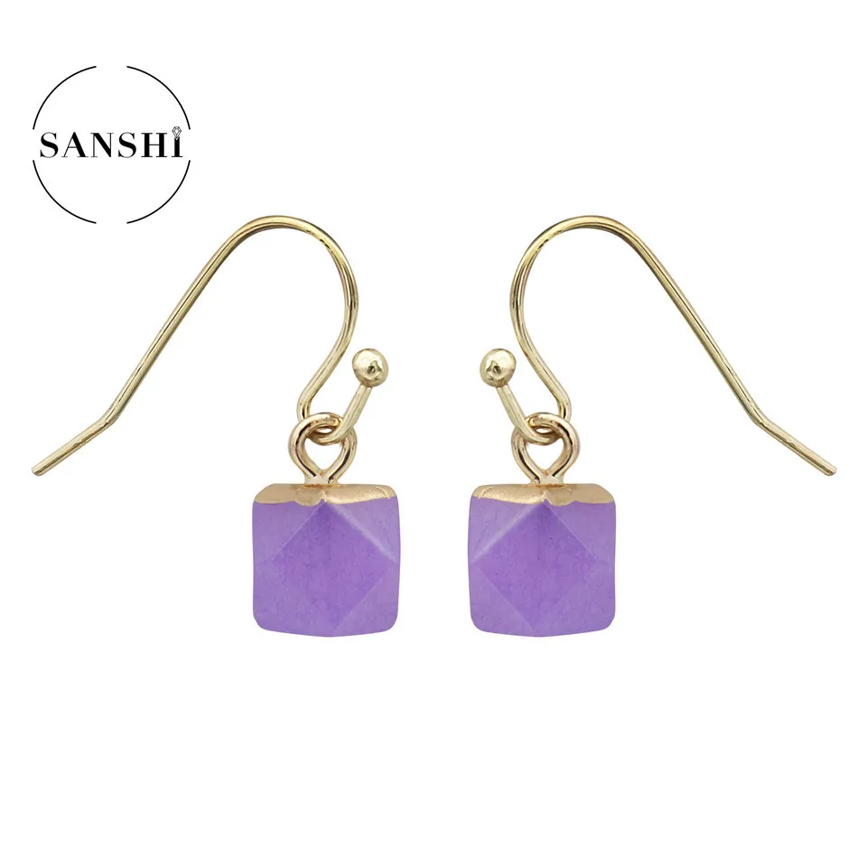 SANSHI 1Pair Natural Stone Drop Earring Pendant Rose Quartz Opal Crystal Agate Dangle Women Party Wedding Jewelry For Girls Gift