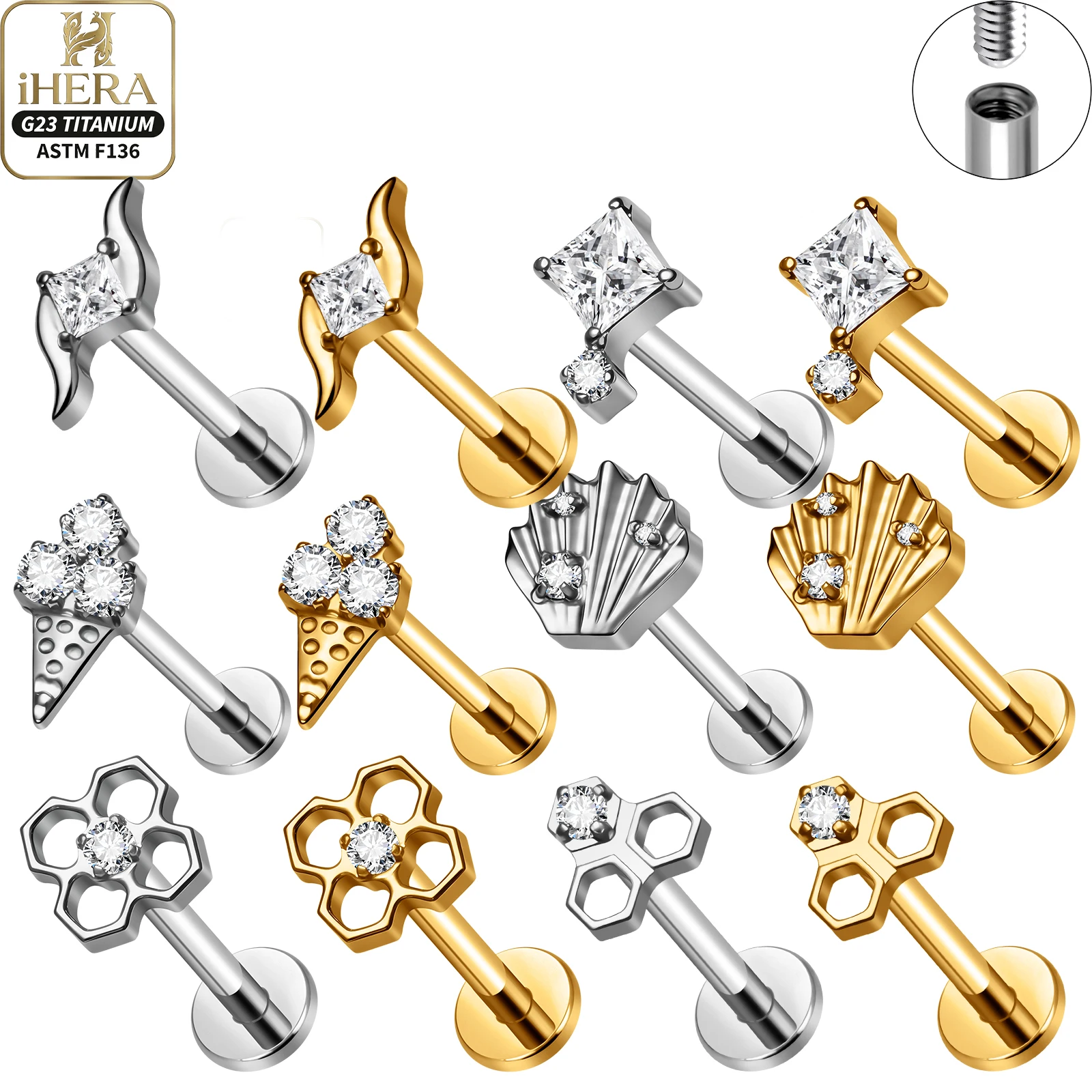 16G ASTM F136 Titanium Flat Back Ice Cream Honeycomb Wings Piercing Earring Cartilage Helix Tragus Conch Lip Nostril Wholesale