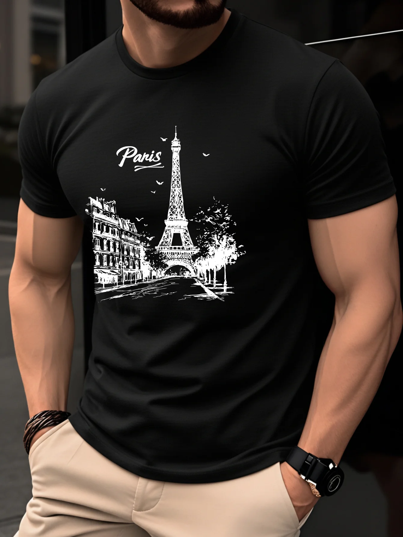 Men's T-Shirt, Summer Short Sleeve Thin Top, Trendy Fashionable Slim Fit Versatile Breathable Paris Eiffel Tower Cityscape Print
