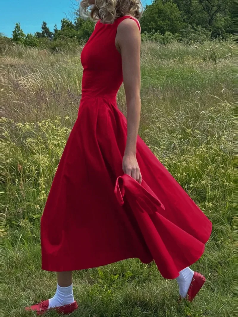 Fashion Elegant O-neck Sleeveless Backless A-line Long Dresses Red Black High Waist Tunics Zip-up Party Evening Dress Fall 2024