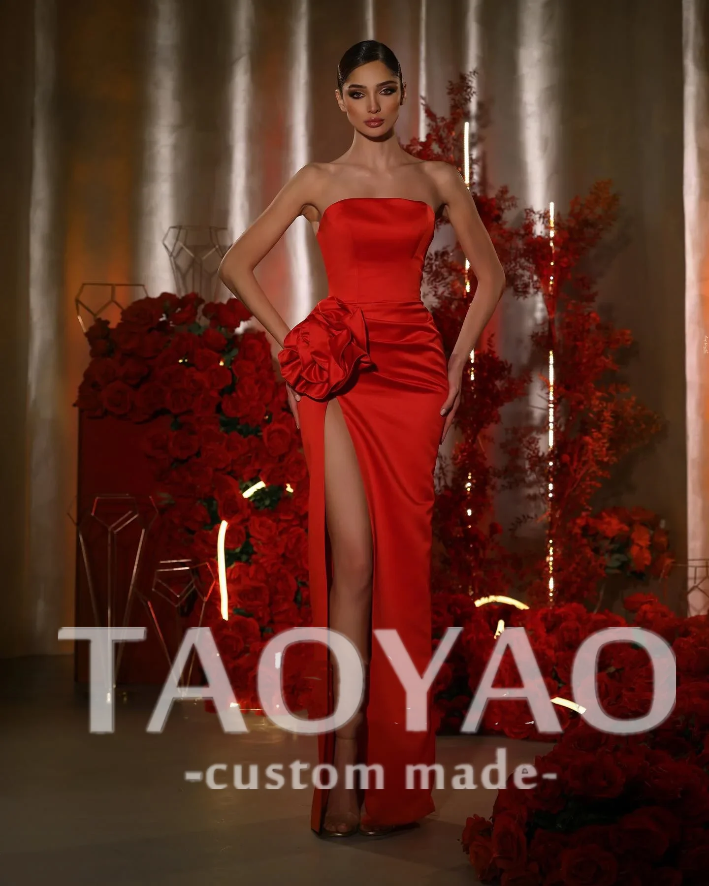 

Red Mermaid Satin Prom Dresses Strapless 3D Flowers High Leg Slit Customized Formal Evening Dress Special Wedding Party Gown