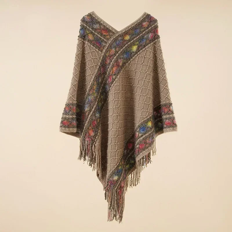 Poncho Spring  Autumn New Pullover Cloak Ethnic Style Cape Outwear Tourism Holiday Photo Leisure Fashion Women Rhombus Red