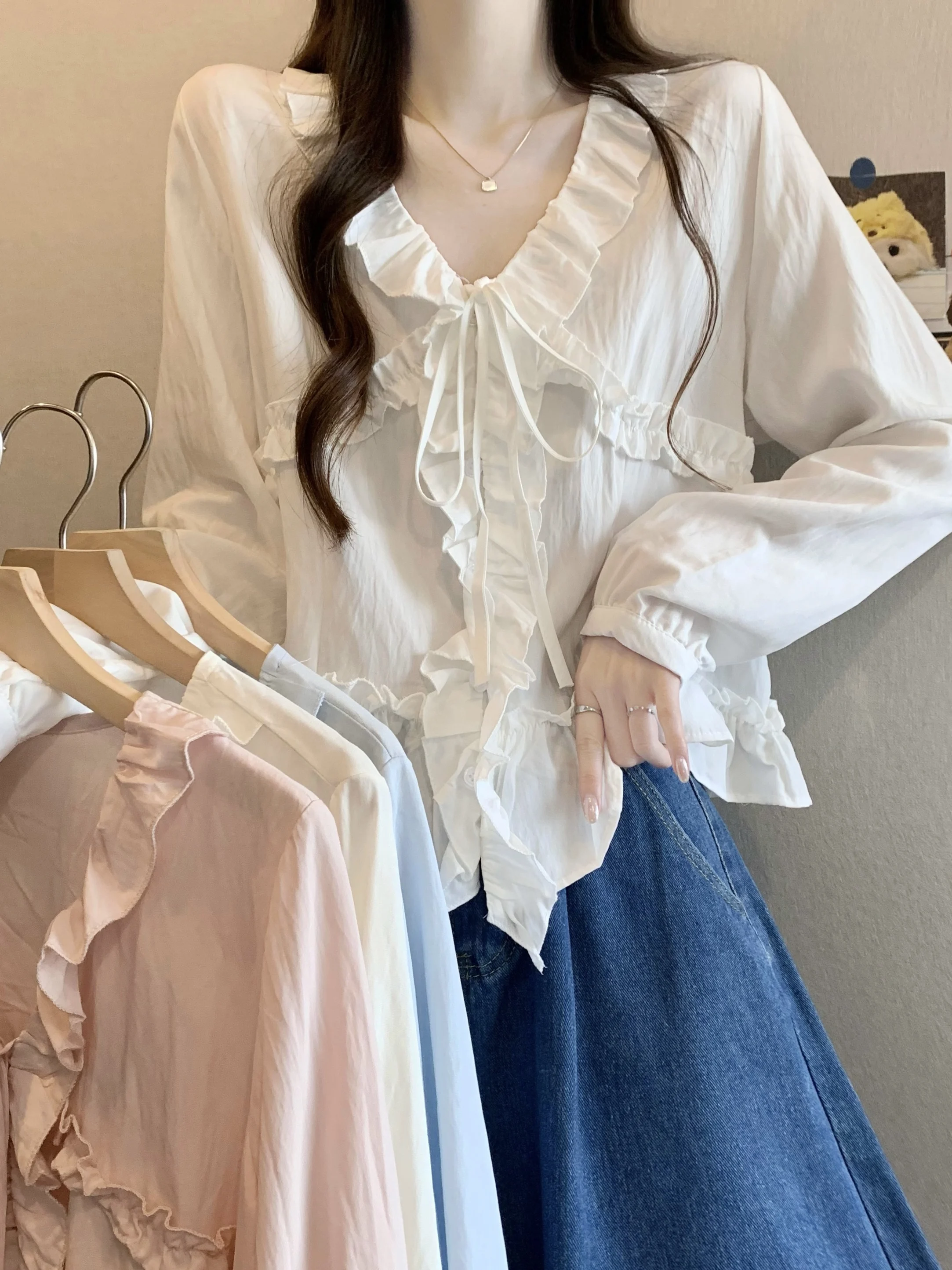 

Женская трикотажная кофта Ele Long Sleeve для ранней весны, с V-образным вырезом, в корейском стиле, с кружевной отделкой, для миниатюрных, для носки в качестве самостоятельной вещи