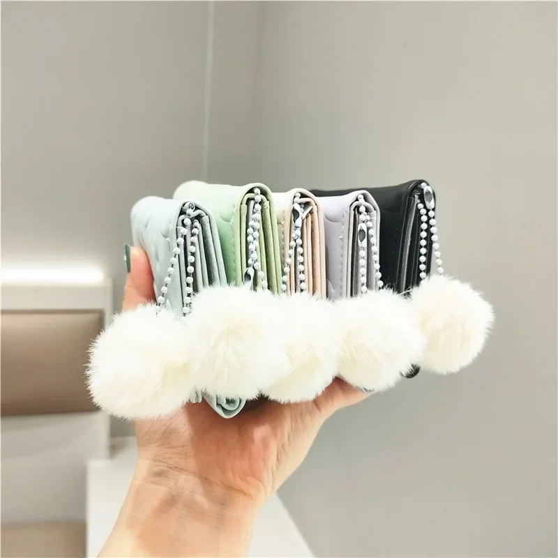 2024 Korean Version New Fresh and Cute Rabbit Print Niche Design Wool Ball Pendant Folding Short Student Portable Wallets Purse