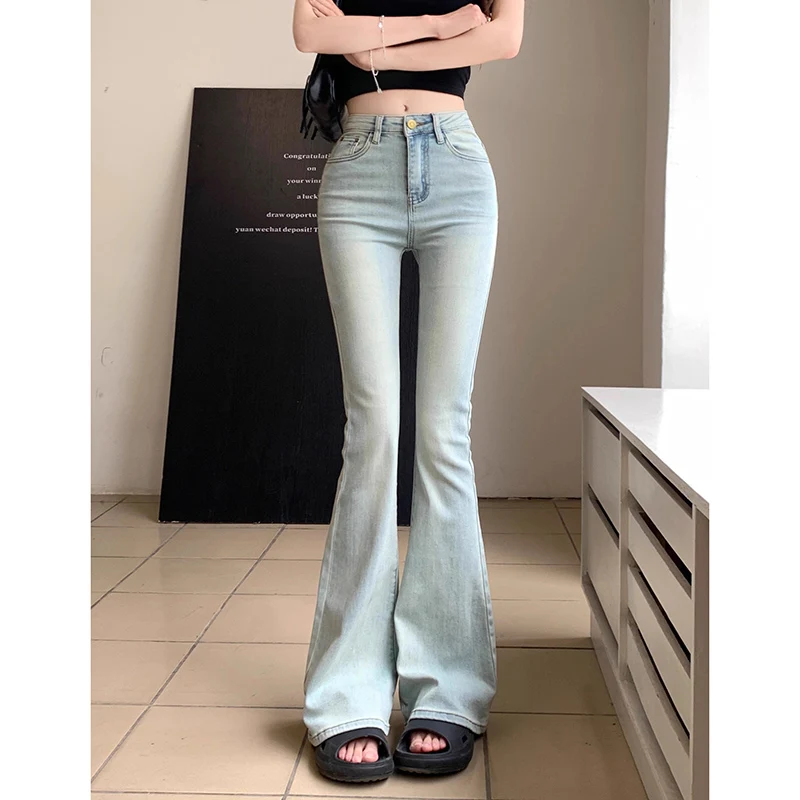 

Женские шикарные синие расклешенные джинсы с высокой талией, женские корейские прямые джинсовые брюки, женские облегающие брюки-клеш