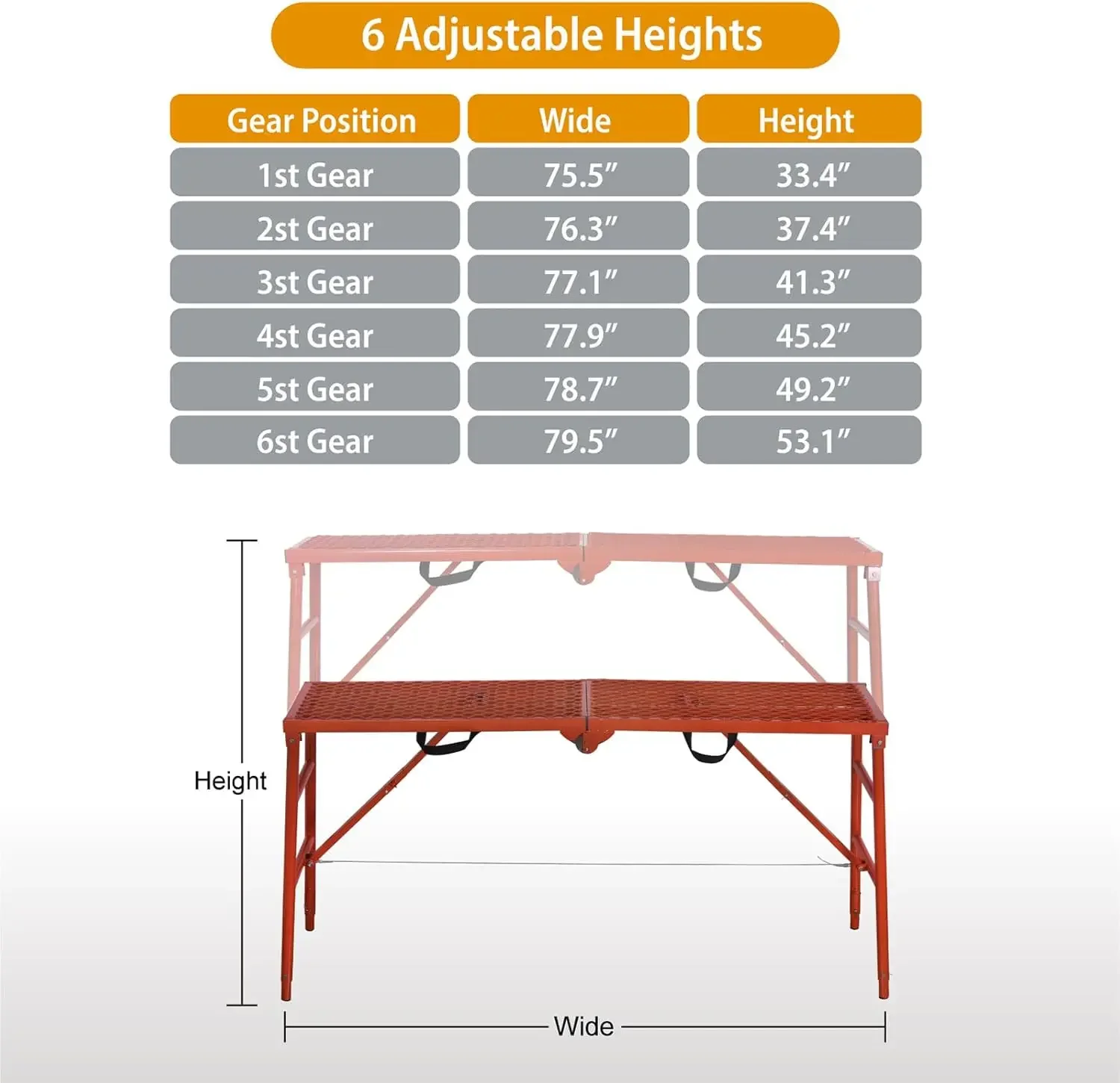 Scaffolding Platform 70(L) x15(W) x33(H)''770 Lbs Capacity Folding Adjustable Portable Work Platform Ladder,Red