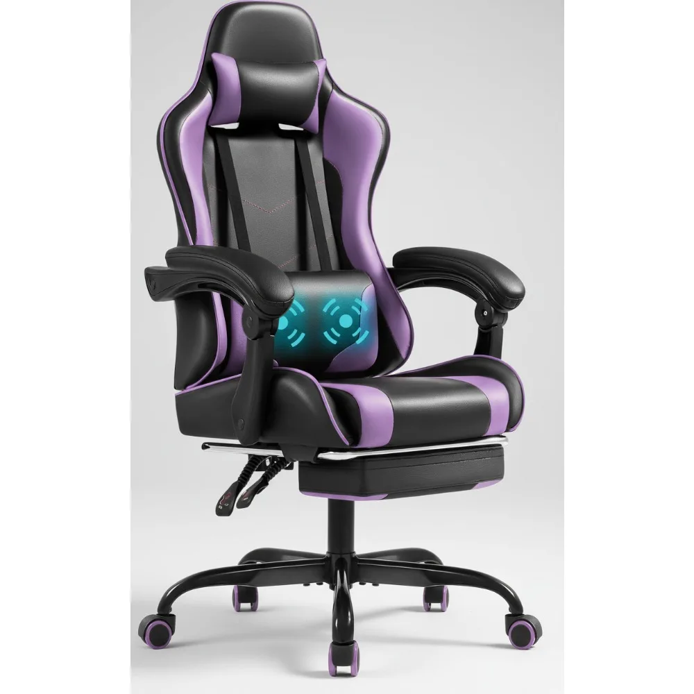 كرسي ألعاب مريح مع مسند للقدمين ودعم قطني للتدليك، مقعد سباق قابل للتعديل لألعاب المكتب والمنزل، أرجواني