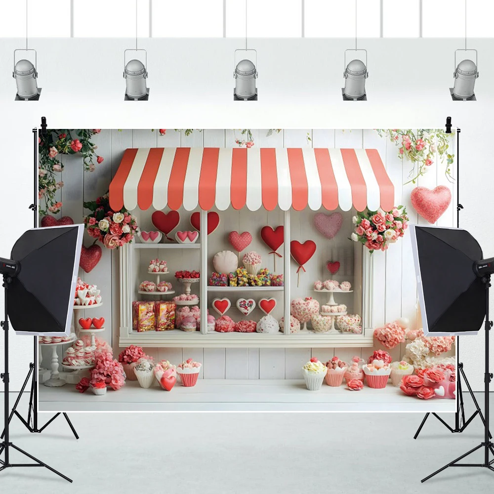 Happy Valentine's Day Flower Shop Photography Background Heart Balloon Cake Decor Couple Portrait Indoor Photo Studio Backdrops