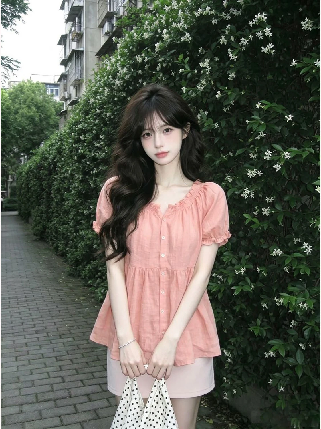 Korean Style Cute Girl Doll Shirt Top Micro Transparent Grapefruit Pink Diagonal Texture Short Sleeve Standard Fit Women's Fa...