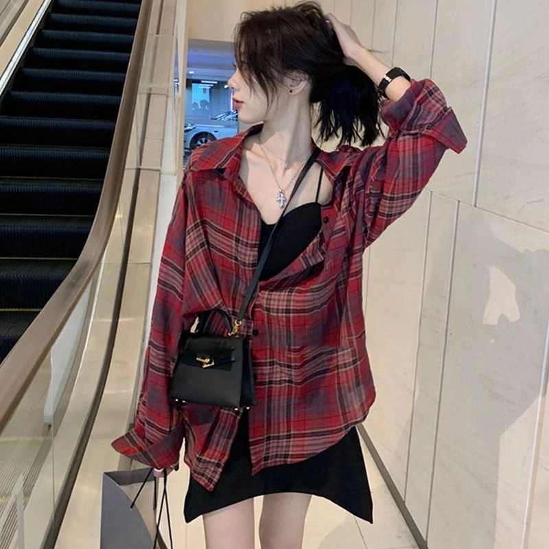 2024 Summer Autumn New Women\'s Shirt Thin Casual Street Style Shirt Outer Top Checkered Shirt Cardigan Coat for Women