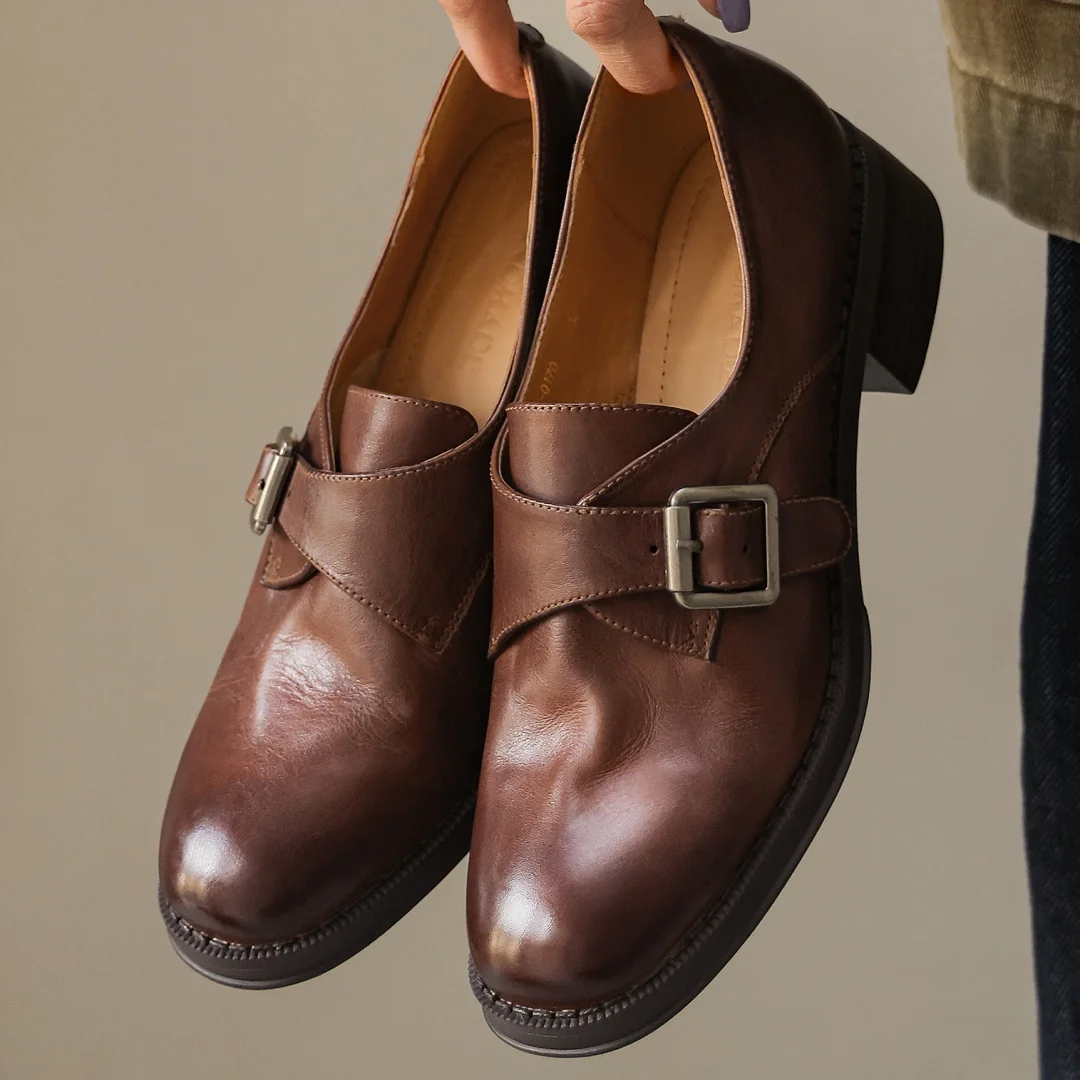 

Women's cow leather round toe metal buckle slip-on flats oxfords 3.5cm thick low heel high quality soft comfortable casual shoes