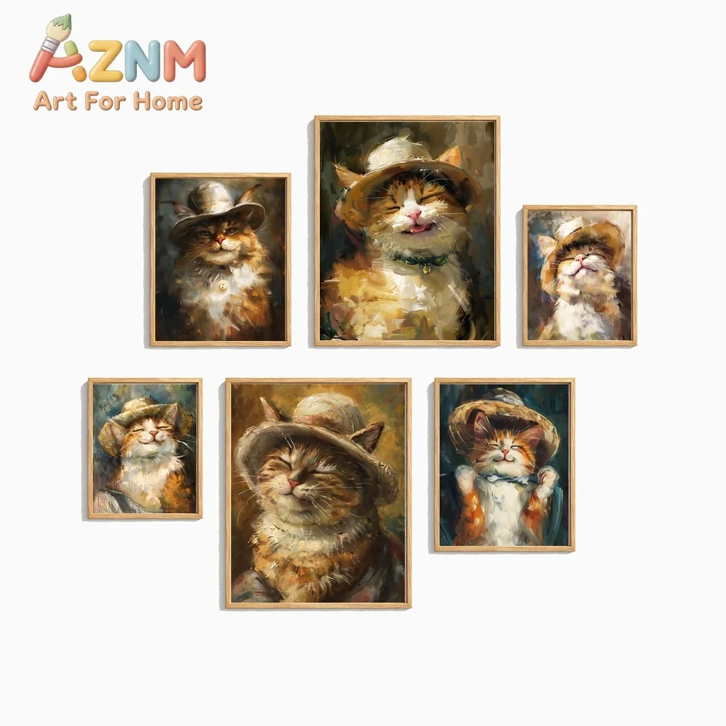 Animals Wall Art Cute Smiling Cat  Vintage Canvas Painting Nordic Style Poster Prints Bedroom Living Room Wall Decor