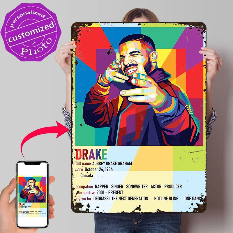 Drake Colorful Portrait Personalized 3D Textured Metal Poster Wall Art Vintage Tin Signs for Home Decor Room Decoration Man Cave