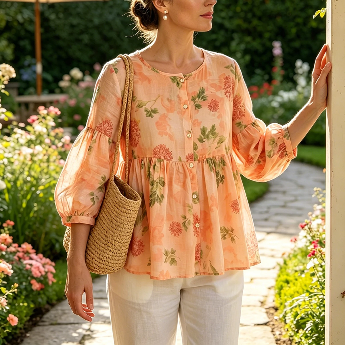 Breathable Soft Floral Babydoll Top Women Crew Neck Button Front Half Lantern Sleeve Oversized Daily Wear Shirt