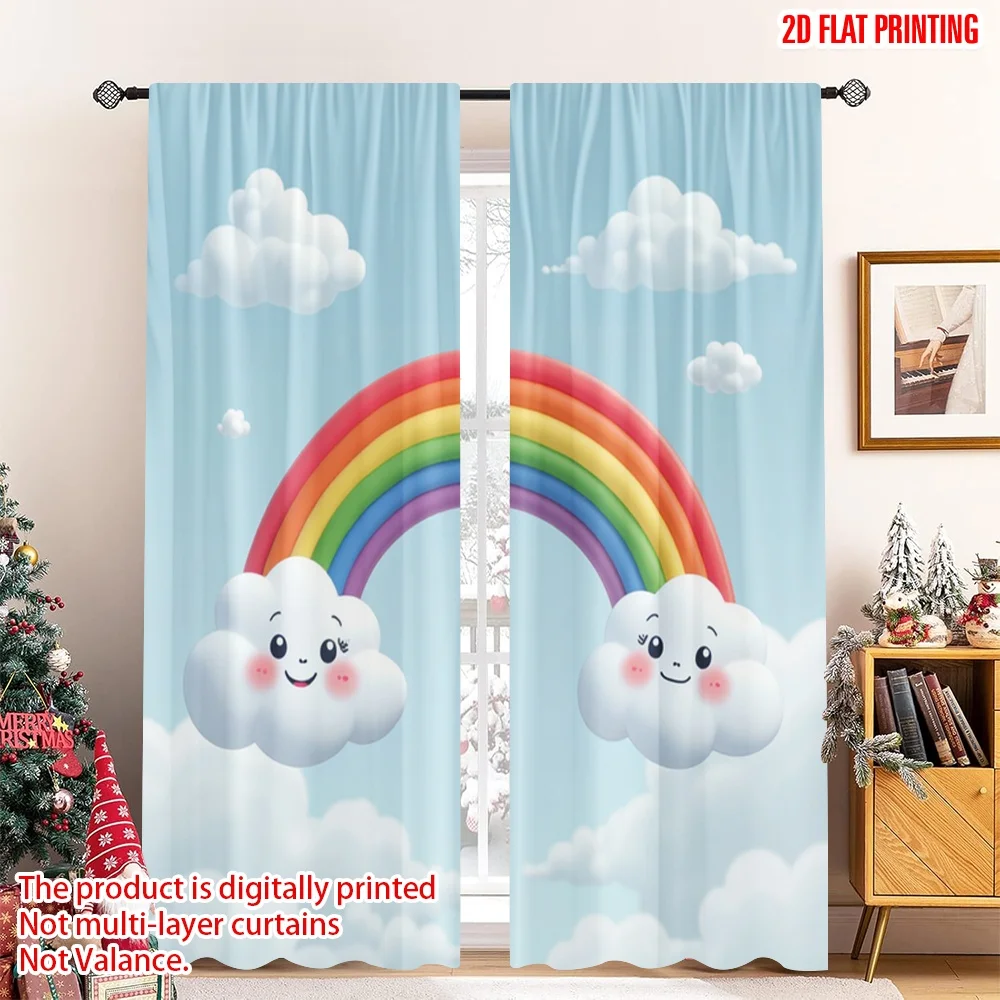 2pcs 2D flat printing Curtains Cute Rainbow Clouds Sky Digital Printed Polyester Drapes Birthday Party for New Year and Carnival