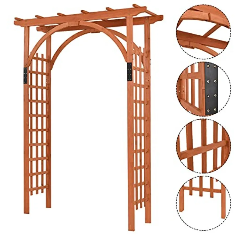 Wooden Arbor Garden Arch for backyard entrance, patio, and wedding ceremony; natural wood material, rustic brown color, sturdy