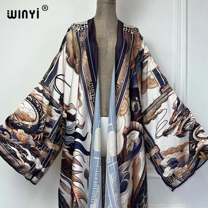 2024 WINYI Europe kimono donna Cardigan holiday kaftan sexy Boho dress Beach Cover up caftano African Holiday manica lunga Robe