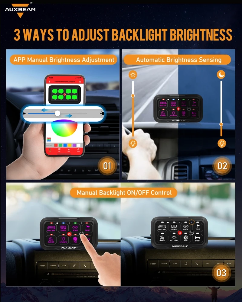 AUXBEAM 8 Gangs RGB LED On-Off Switch Panel bluetooth APP Control Universal Lights Electronic Power Relay Control System AR-800