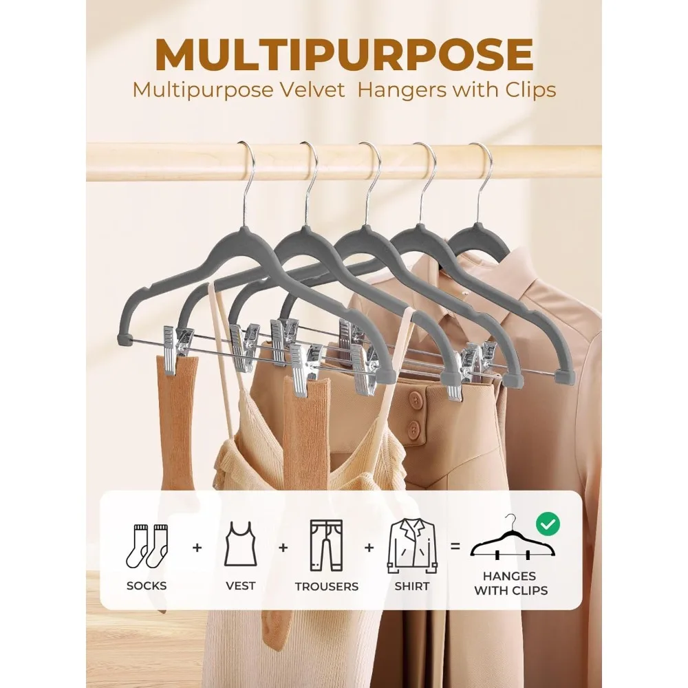 Velvet Skirt Hangers 36 Pack, Gray Velvet Hangers with Adjustable Clips, Space Saving Slim Velvet Pant Hangers