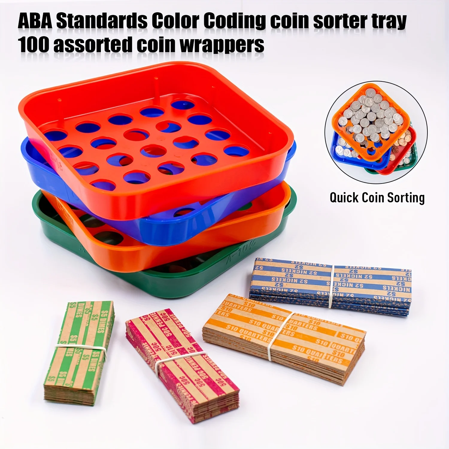 ABA Coin Sorters Tray & Coin Counters -4 Color-Coded Coin Sorting Tray 100 Assorted Flat Coin Roll Wrappers For US Coins