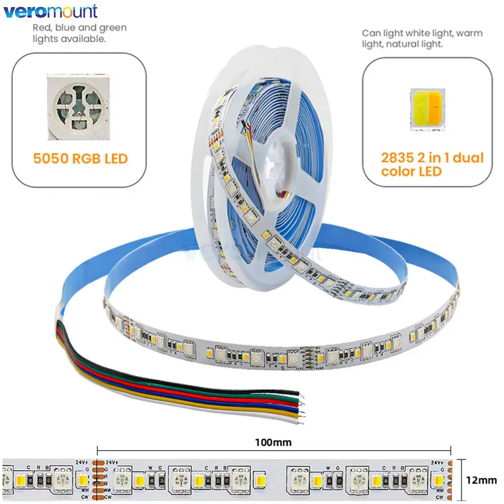5m 12V 24V DC 5050 RGBCCT LED Strip 5050 RGB + 2835 Warm White/ White 2 in 1 CCT 120LEDs/m IP20 Flexible LED Tape 6Pin 12mm PCB